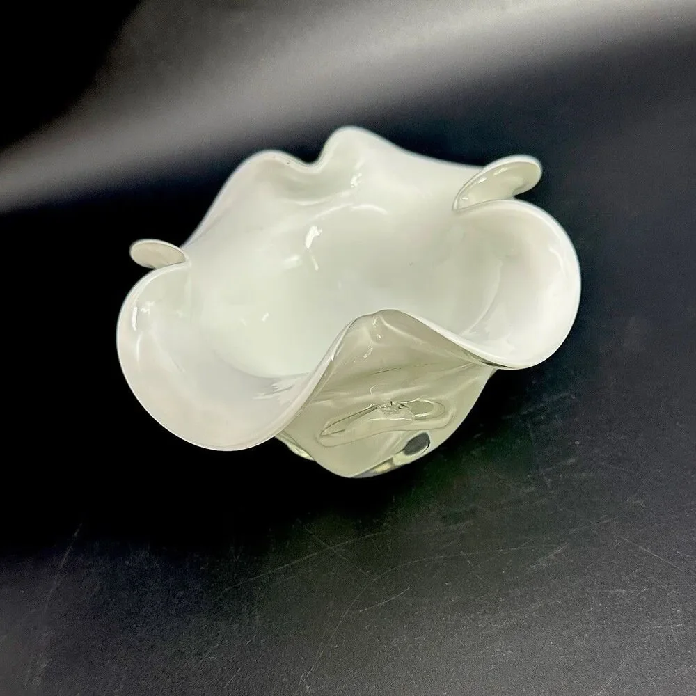 Vtg White Cased Art Glass Handkerchief Bowl MCM Sculptural Decor Murano Style
